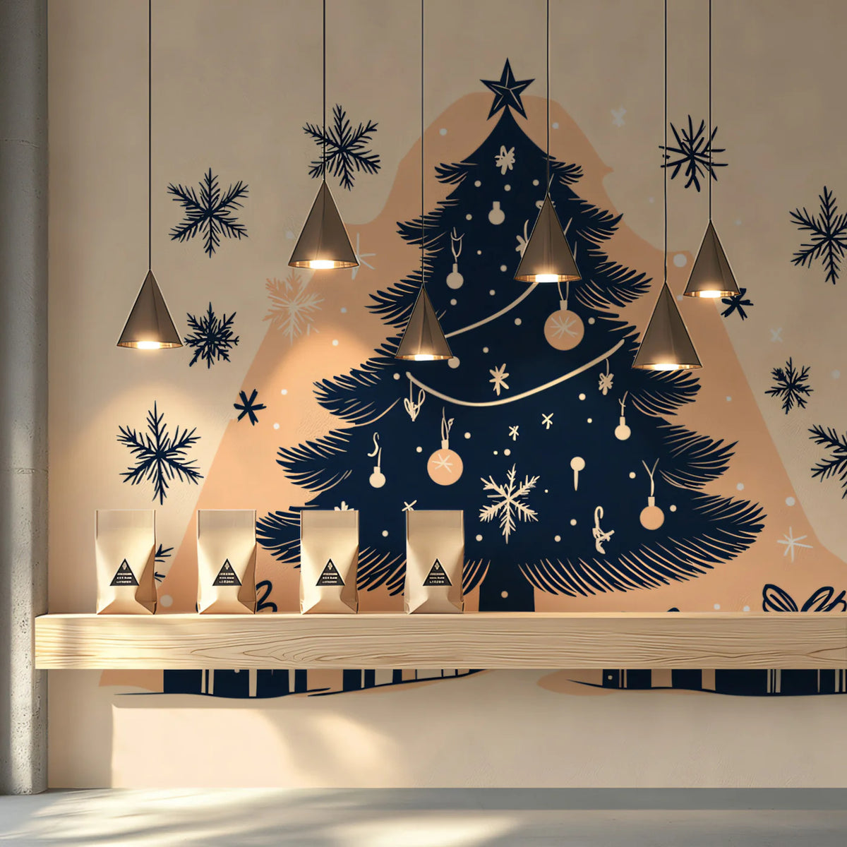 Minimalist Christmas Tree Mural Wallpaper — Festive Navy and Peach Mural Wallpaper - pure wallpaper artwork