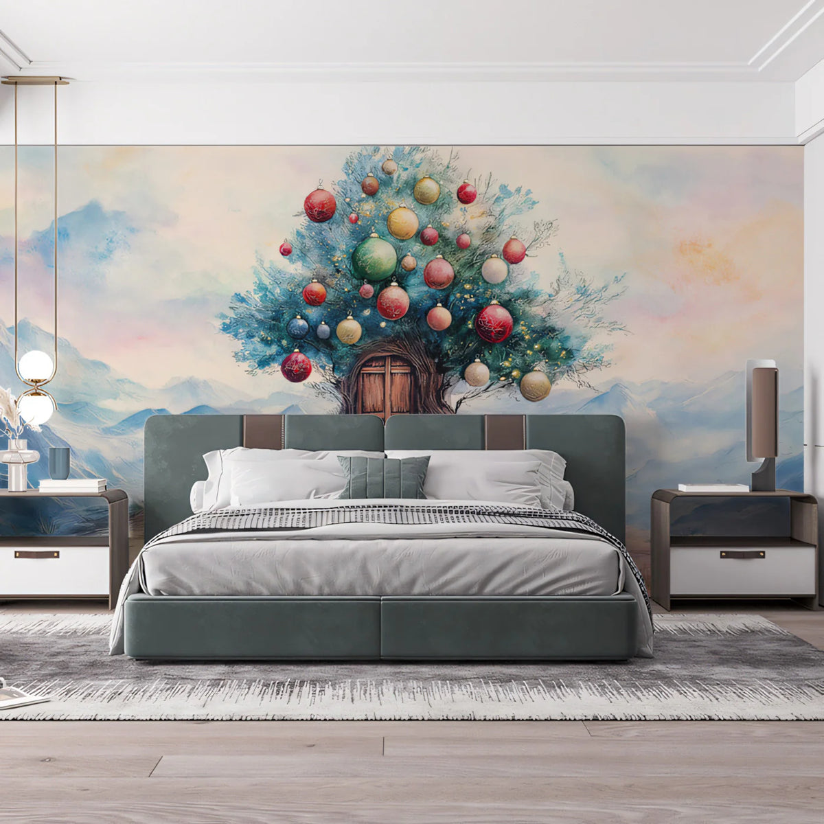 Fantasy Hilltop Tree Mural Wallpaper — Whimsical Holiday Scene Mural Wallpaper - pure wallpaper artwork