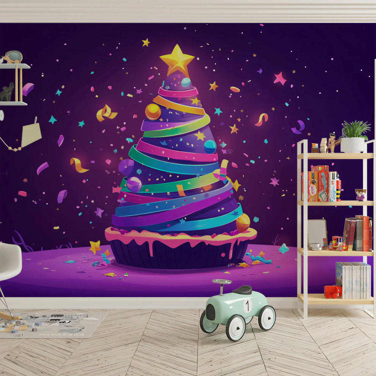 Festive Cupcake Tree Mural Wallpaper — Vibrant Whimsical Design Mural Wallpaper - pure wallpaper artwork