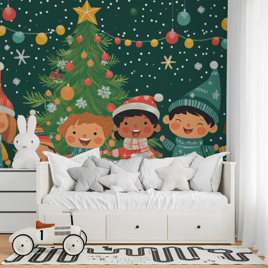 Festive Winter Joy Mural Wallpaper — Colorful Holiday Scene Mural Wallpaper