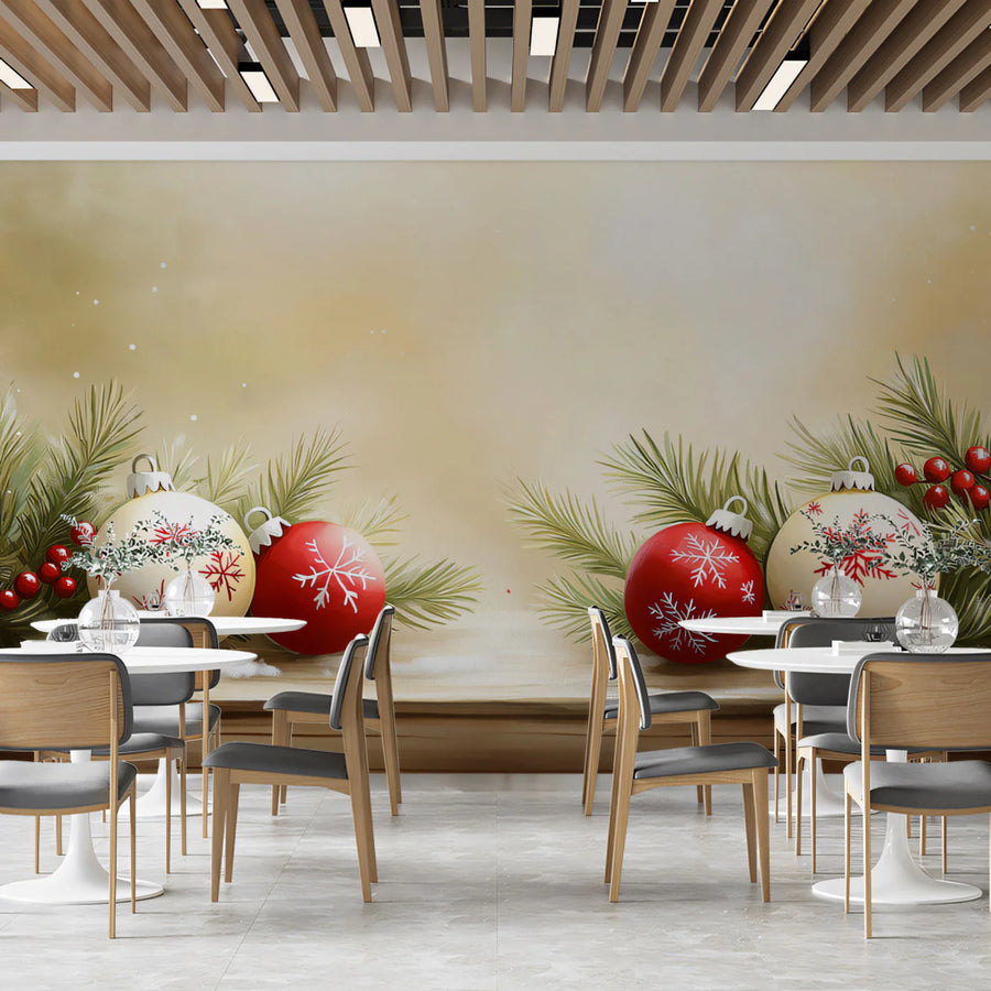 Christmas Ornament Shelf Mural Wallpaper — Holiday Joy Mural Wallpaper