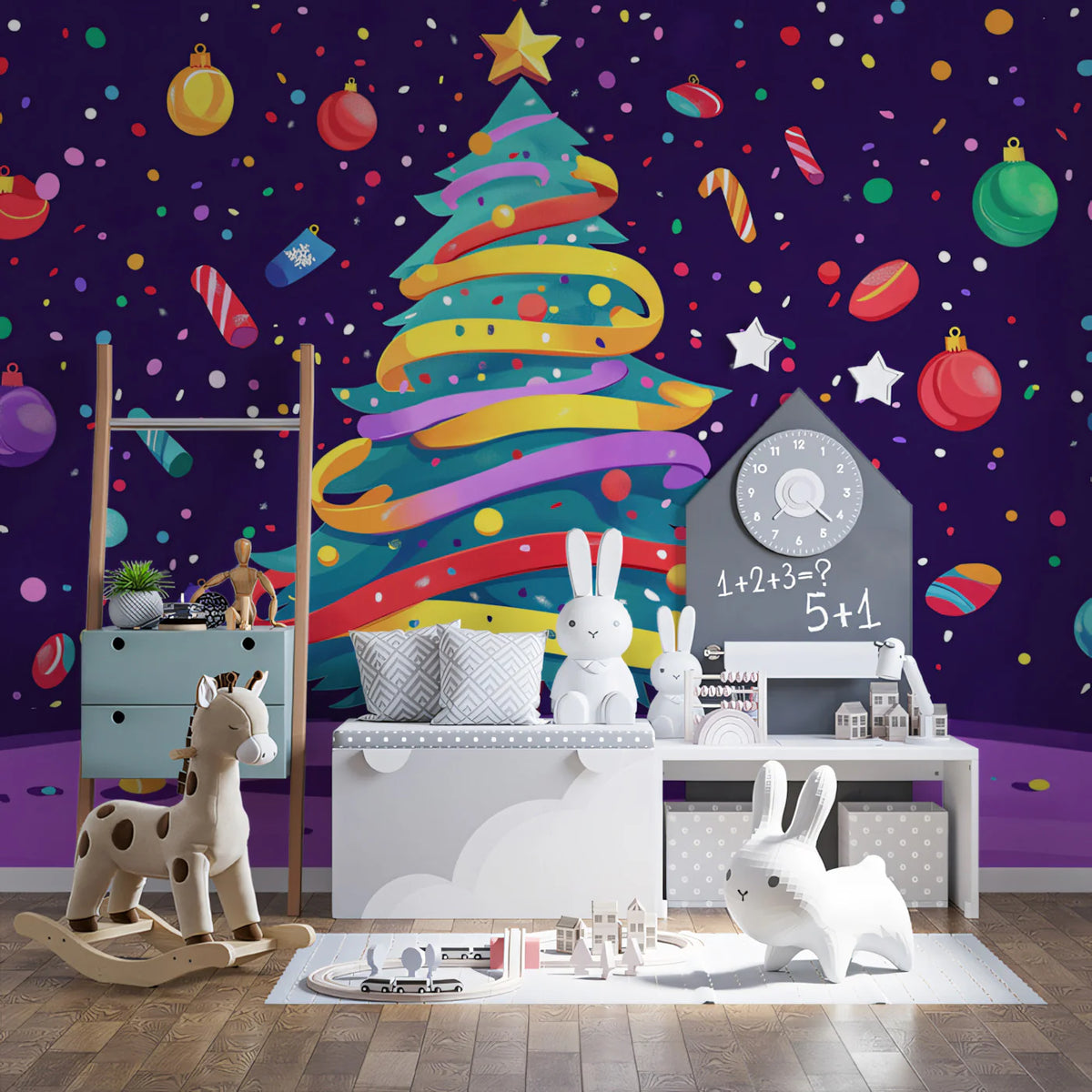 Festive Holiday Tree Mural Wallpaper in Purple and Vibrant Gold Mural Wallpaper - pure wallpaper artwork