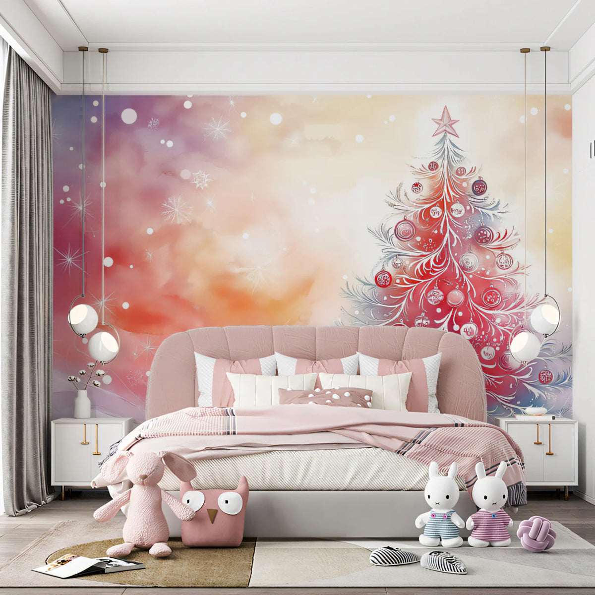 Fantasy Christmas Tree Mural Wallpaper with Watercolor Clouds Mural Wallpaper - pure wallpaper artwork