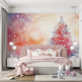 Fantasy Christmas Tree Mural Wallpaper with Watercolor Clouds Mural Wallpaper - pure wallpaper artwork