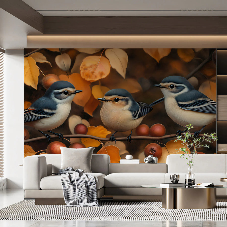 Autumn Woodland Birds Mural Wallpaper — Soft Seasonal Nature Art Mural Wallpaper