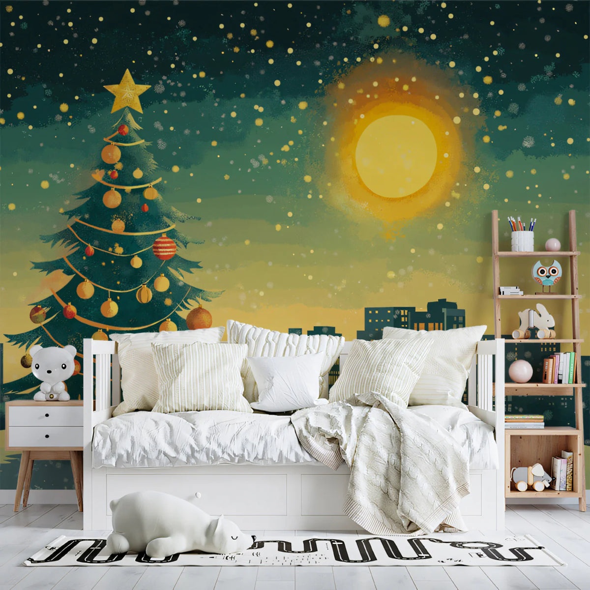 Silent Night Cityscape Mural Wallpaper — Artistic Holiday Design Mural Wallpaper - pure wallpaper artwork