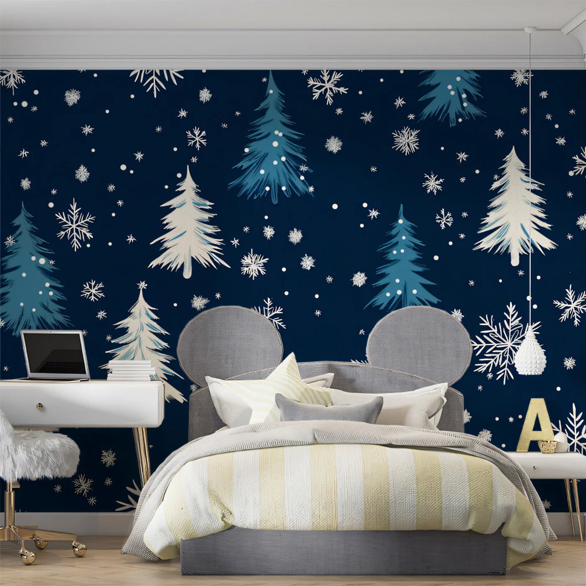 Winter Pine Forest Mural Wallpaper —Nordic Snowflake Pattern Mural Wallpaper - pure wallpaper artwork