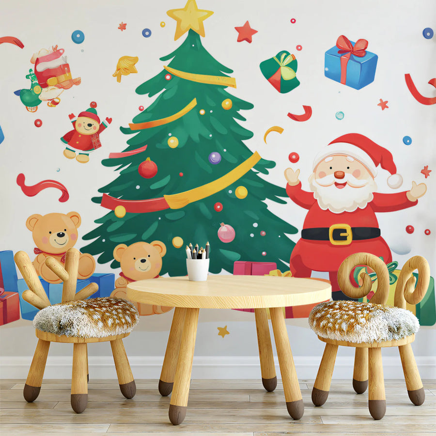 Santa and Teddy Bear Holiday Mural Wallpaper — Whimsical Decor Mural Wallpaper