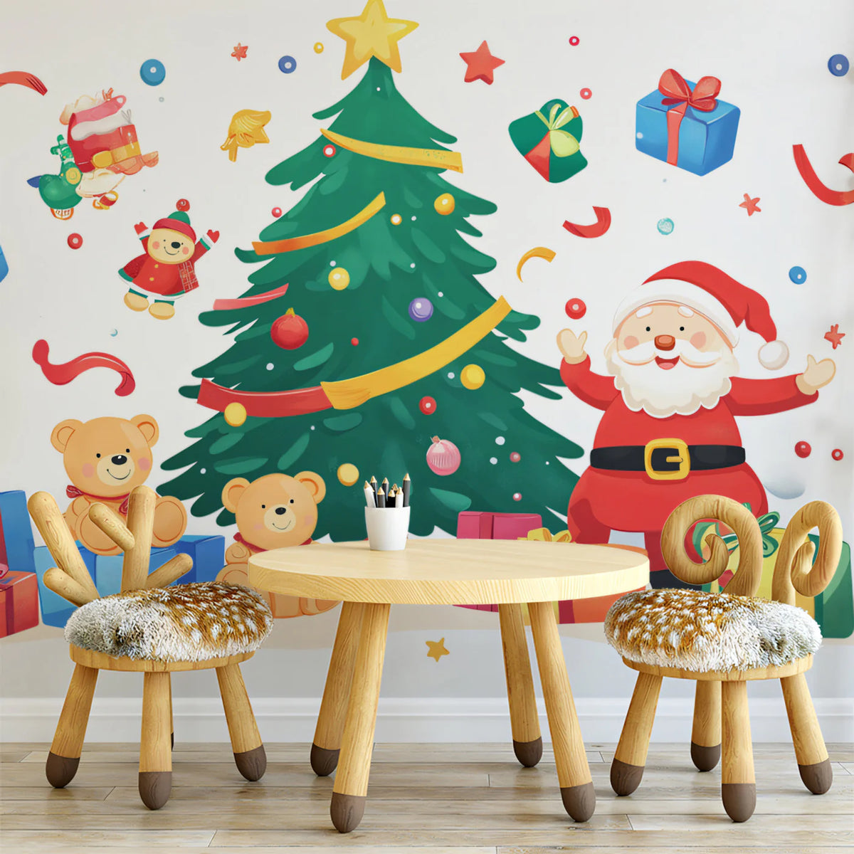 Santa and Teddy Bear Holiday Mural Wallpaper — Whimsical Decor Mural Wallpaper - pure wallpaper artwork