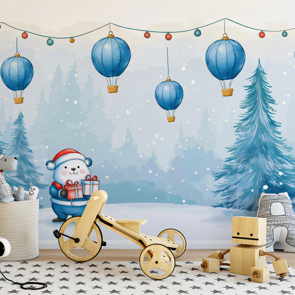 Polar Bear Balloon Parade Mural Wallpaper in Watercolor Blue Mural Wallpaper - pure wallpaper artwork