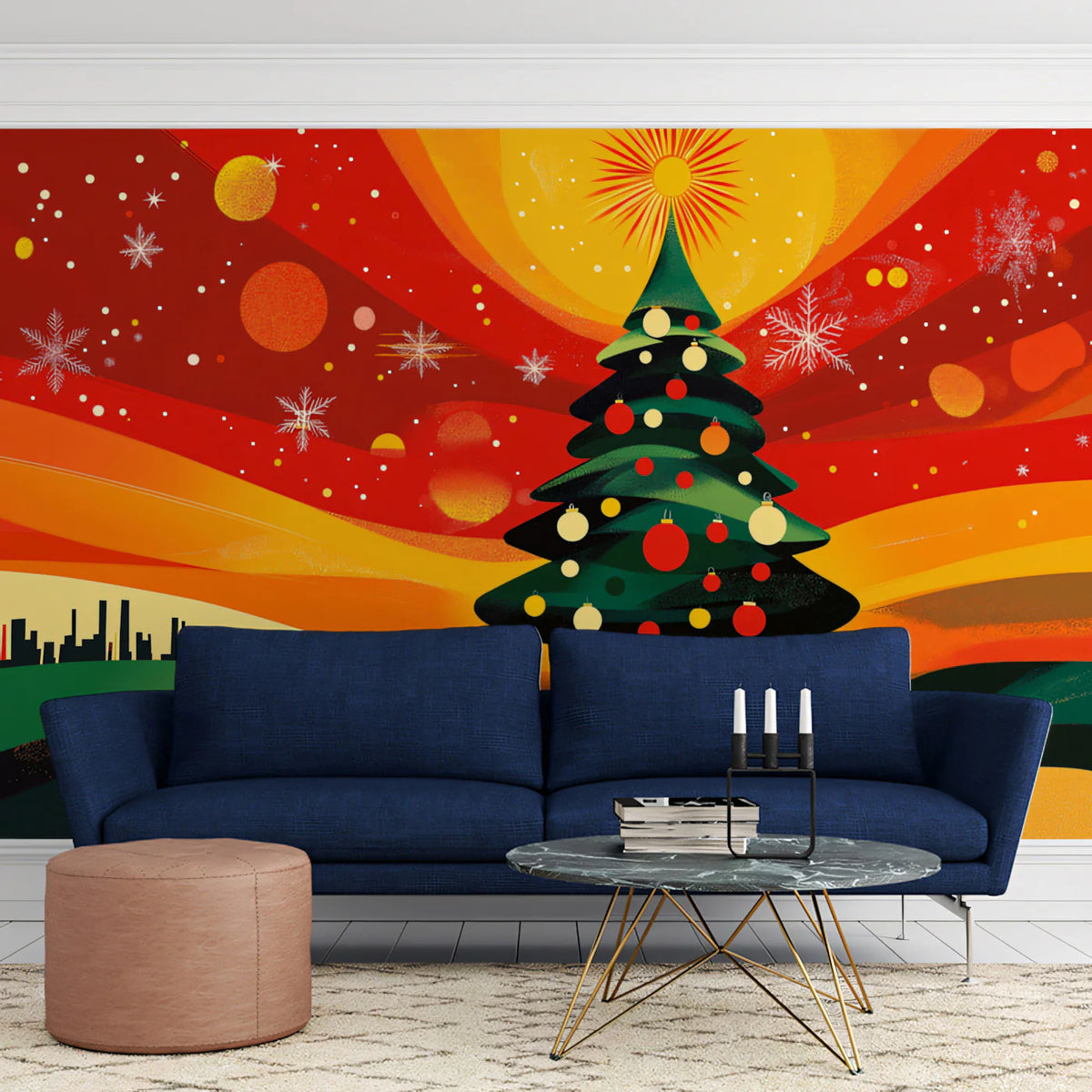 Stylized Holiday City Mural Wallpaper — Vibrant Festive Pattern Mural Wallpaper - pure wallpaper artwork