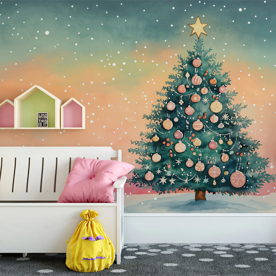 Watercolor Winter Tree Mural Wallpaper — Pastel Holiday Horizon Mural Wallpaper