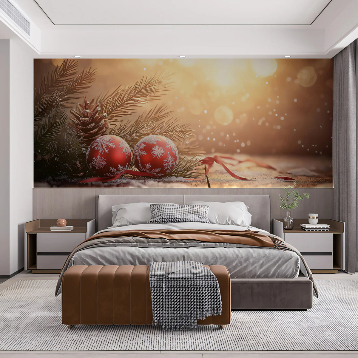 Festive Bauble and Pine Mural Wallpaper —Warm Holiday Glow Mural Wallpaper - pure wallpaper artwork