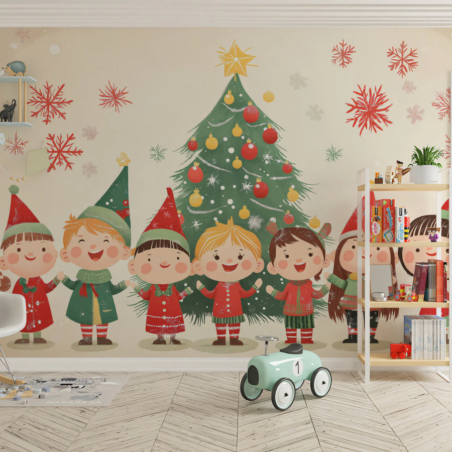 Holiday Friends Festive Mural Wallpaper — Whimsical Kids Pattern Mural Wallpaper