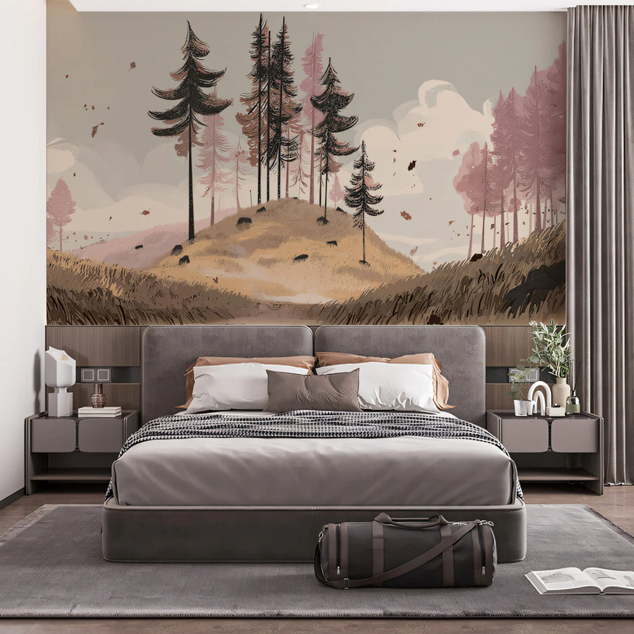 Windswept Knoll Mural Wallpaper in Dusty Pink and Charcoal Mural Wallpaper