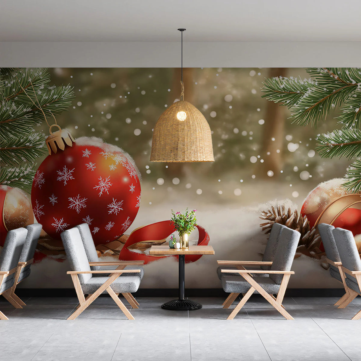 Winter Forest Ornament Mural Wallpaper — Festive Holiday Decor Mural Wallpaper - pure wallpaper artwork