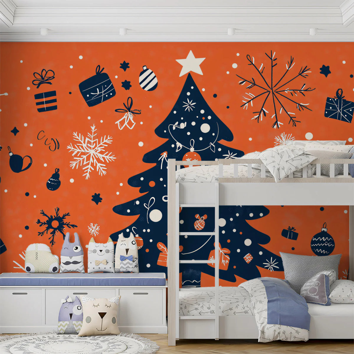 Graphic Holiday Tree Mural Wallpaper — Vibrant Orange and Navy Mural Wallpaper - pure wallpaper artwork