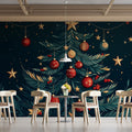 Festive Evergreen Mural Wallpaper — Deep Teal and Holiday Red Mural Wallpaper - pure wallpaper artwork