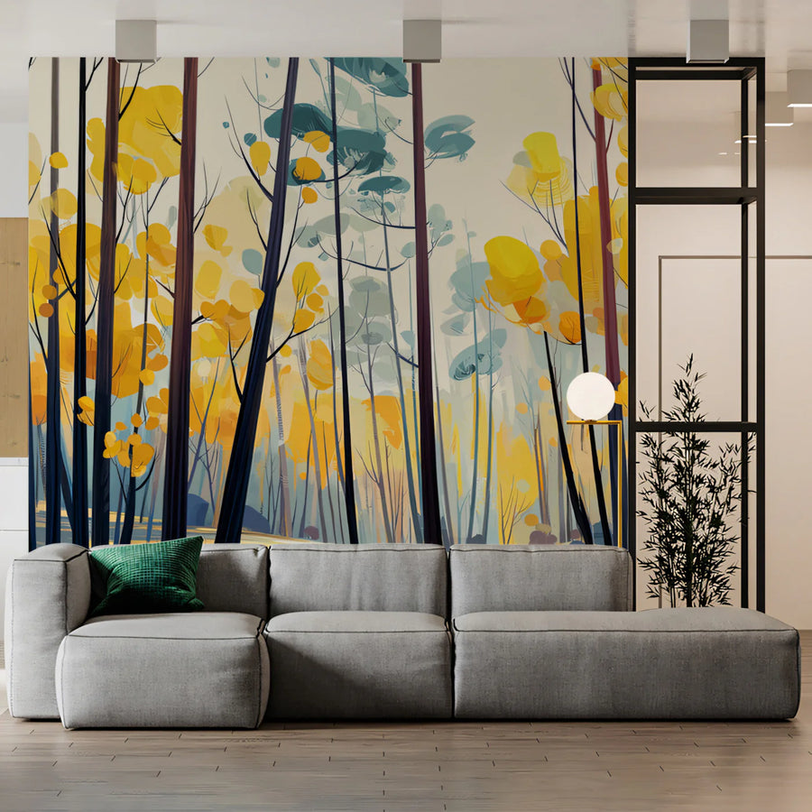Golden Autumn Forest Mural Wallpaper — Modern Graphic Art Mural Wallpaper