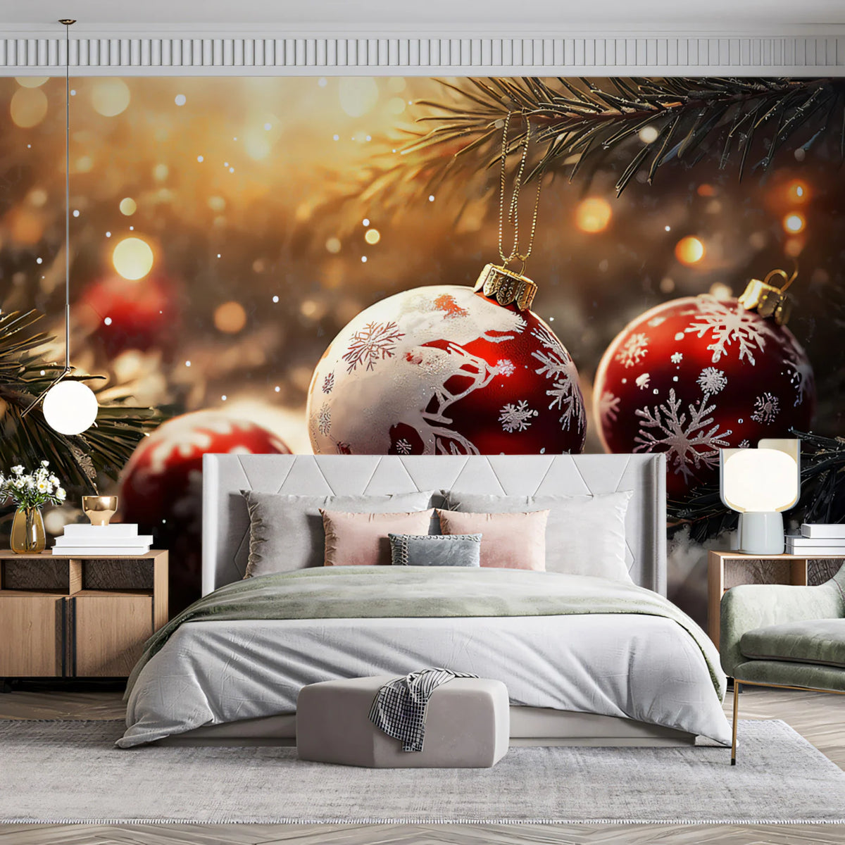 Festive Holiday Bauble Mural Wallpaper — Warm Winter Scene Mural Wallpaper - pure wallpaper artwork