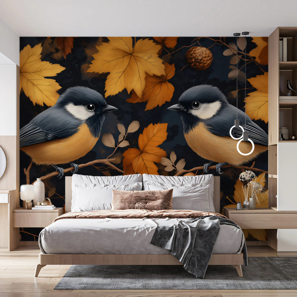 Autumn Aviary Mural Wallpaper Gold, Brown, and Charcoal Mural Wallpaper - pure wallpaper artwork
