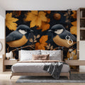 Autumn Aviary Mural Wallpaper Gold, Brown, and Charcoal Mural Wallpaper - pure wallpaper artwork