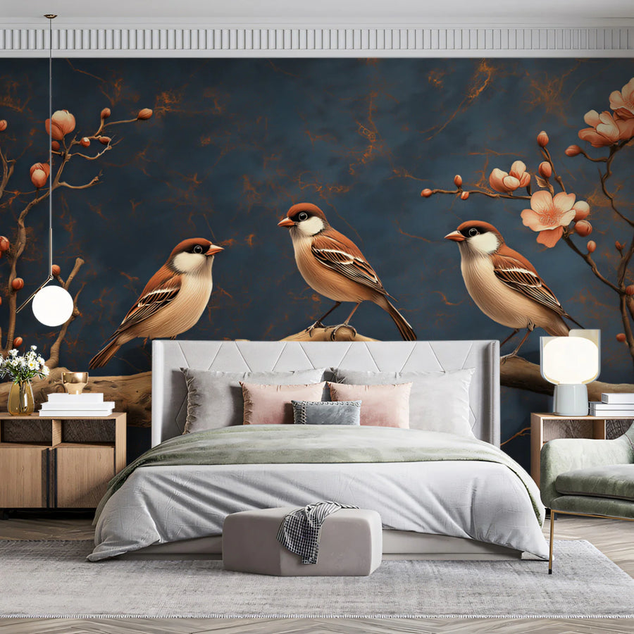 Sparrow and Blossom Mural Wallpaper — Moody Floral Art Mural Wallpaper