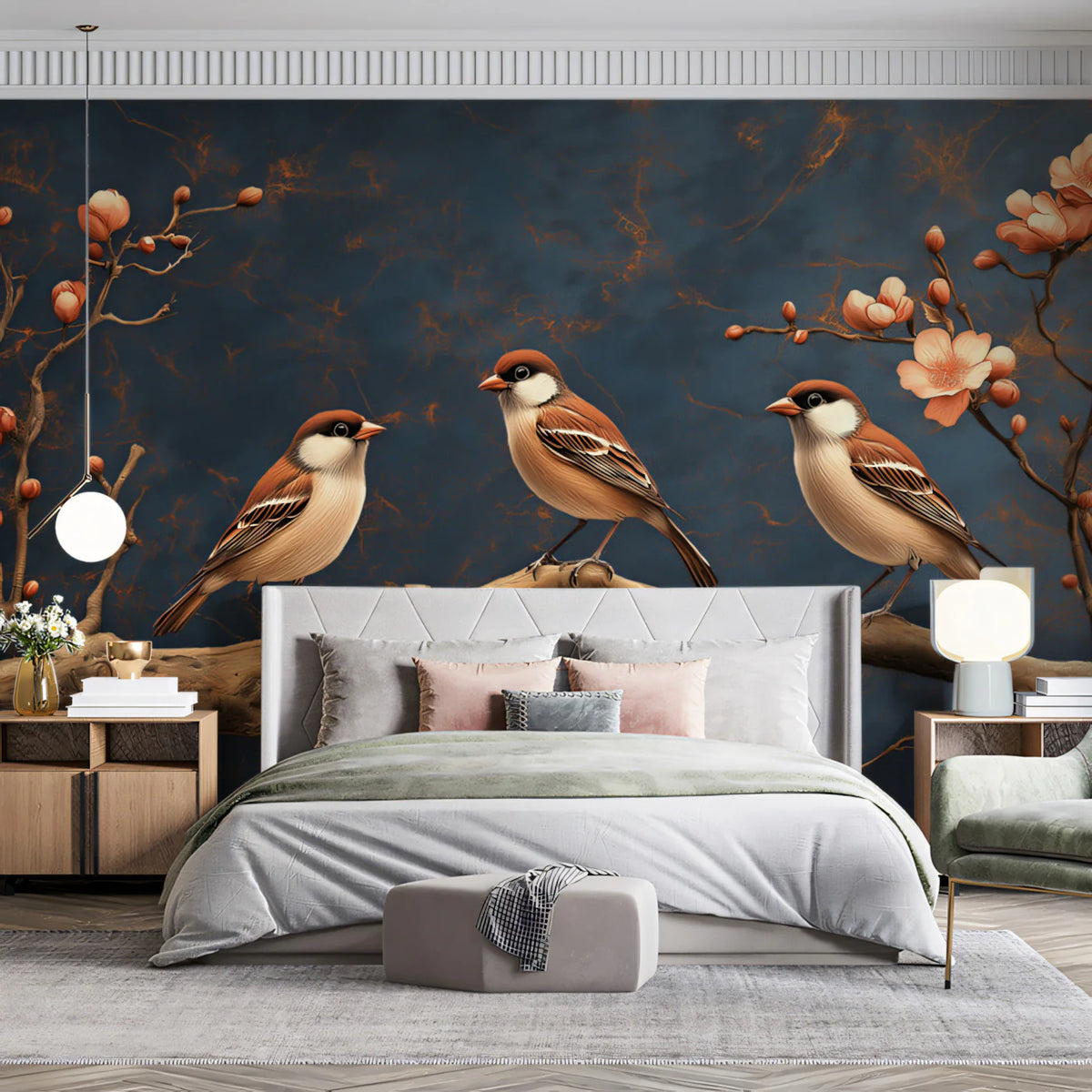 Sparrow and Blossom Mural Wallpaper — Moody Floral Art Mural Wallpaper - pure wallpaper artwork