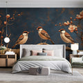 Sparrow and Blossom Mural Wallpaper — Moody Floral Art Mural Wallpaper - pure wallpaper artwork