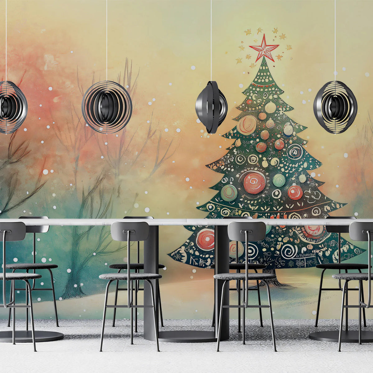 Watercolor Winter Landscape Mural Wallpaper with Christmas Tree Mural Wallpaper - pure wallpaper artwork
