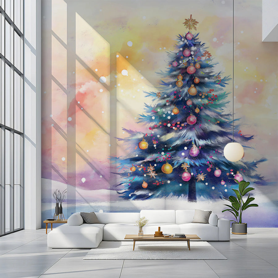 Holiday Sunrise Watercolor Mural Wallpaper — Whimsical Festive Scene Mural Wallpaper