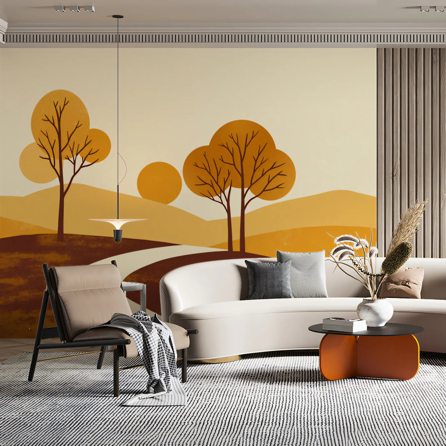 Autumn Path Mural Wallpaper — Minimalist Landscape Design Mural Wallpaper