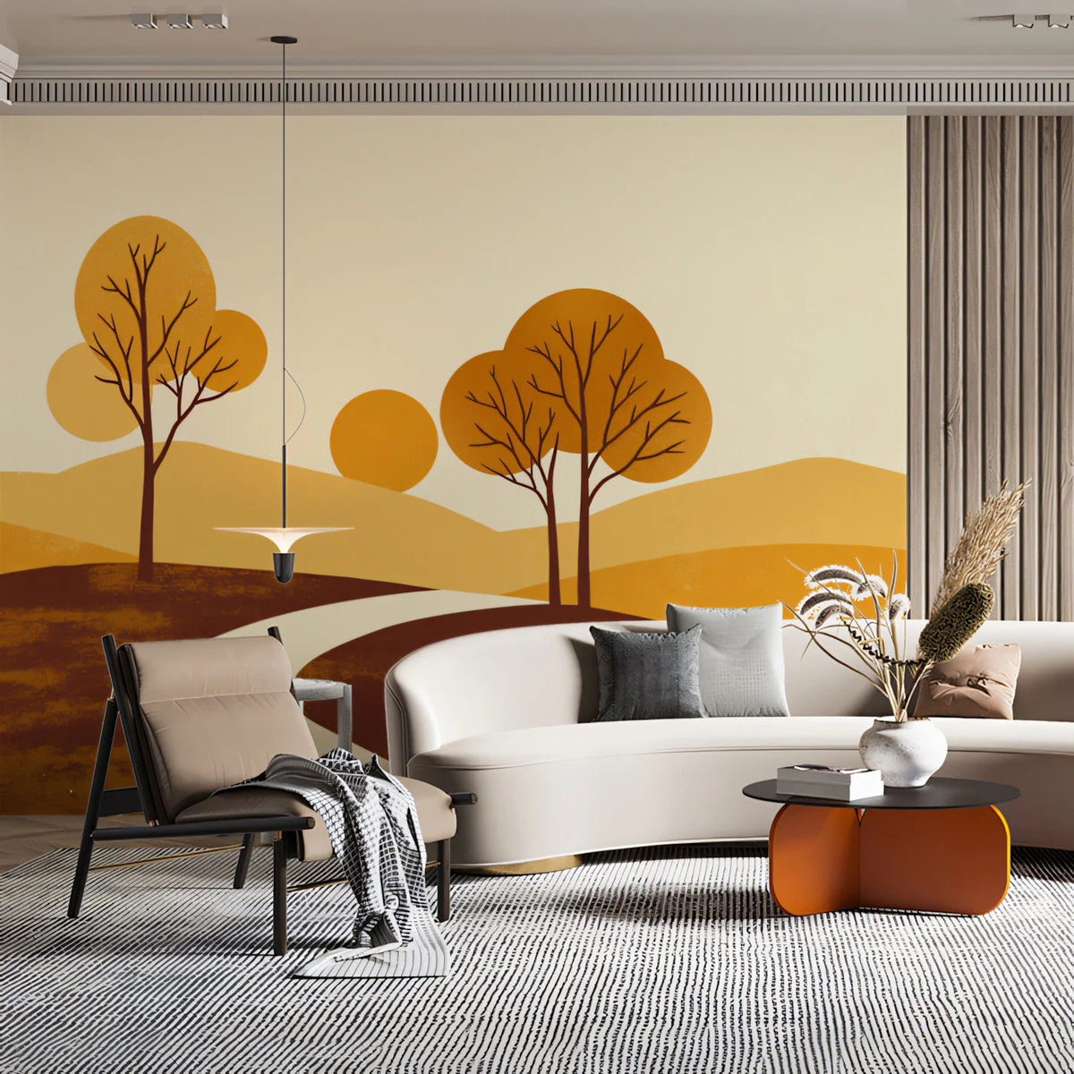 Autumn Path Mural Wallpaper — Minimalist Landscape Design Mural Wallpaper - pure wallpaper artwork