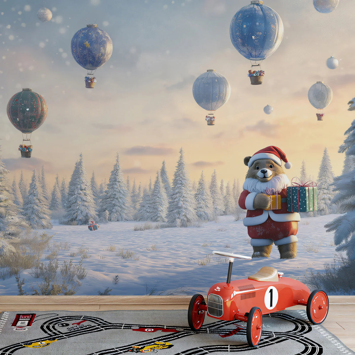 Santa Bear and Hot Air Balloons Winter Mural Wallpaper - pure wallpaper artwork
