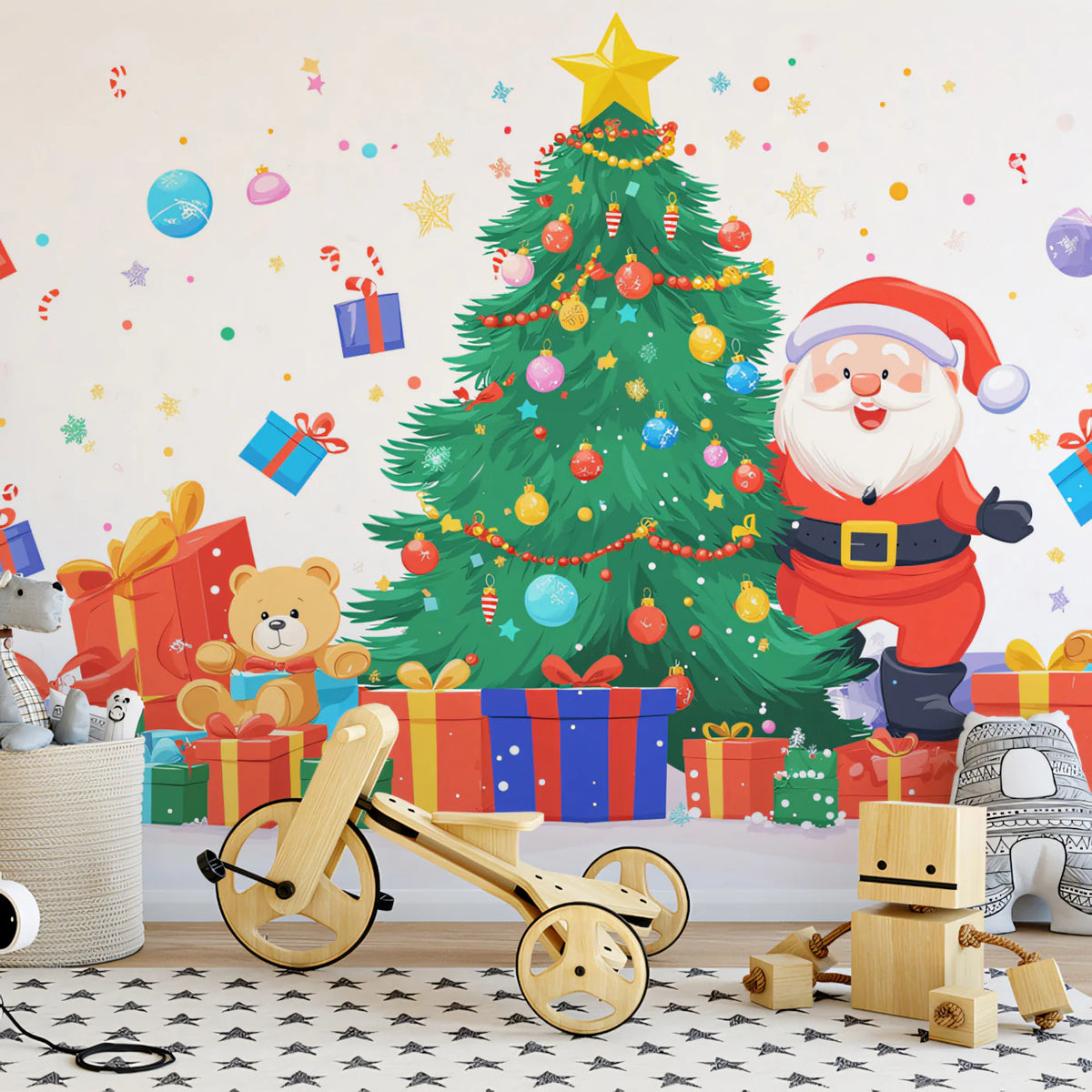Merry Santa Holiday Mural Wallpaper — Cheerful Christmas Decor Mural Wallpaper - pure wallpaper artwork