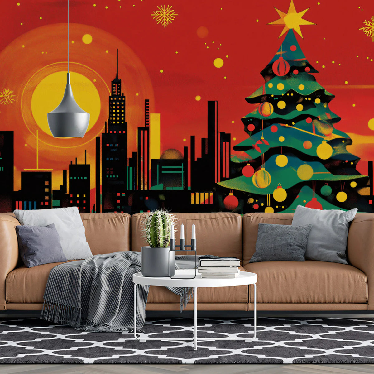Urban Holiday Skyline Mural Wallpaper — Festive City Night Scene Mural Wallpaper - pure wallpaper artwork