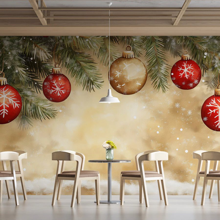 Festive Garland Ornament Mural Wallpaper with Golden Glow Mural Wallpaper
