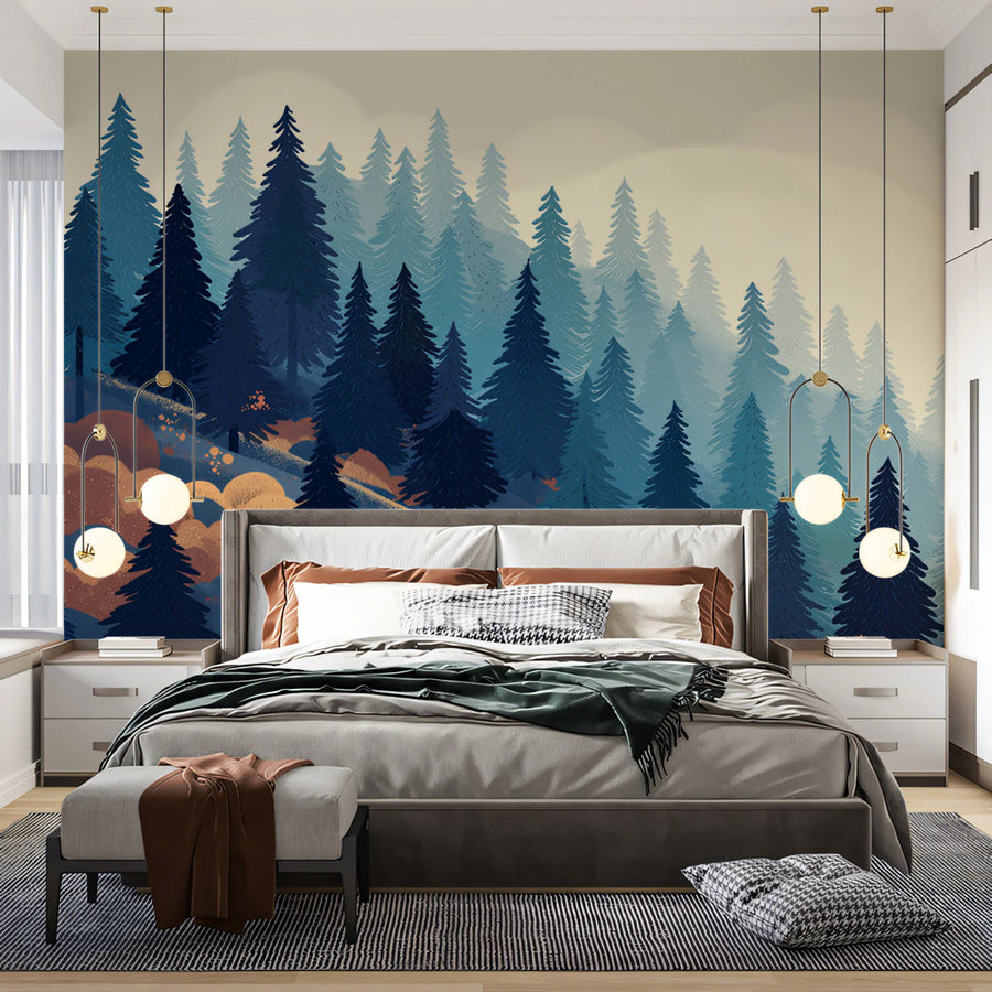 Winter Forest Pine Mural Wallpaper — Modern Blue and Ochre Landscape Mural Wallpaper