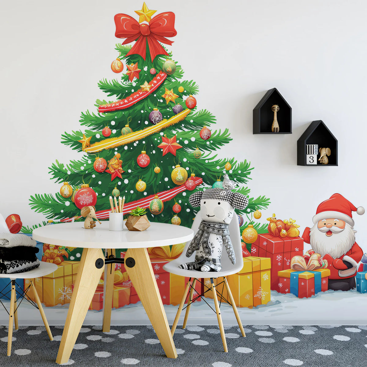 Festive Holiday Tree Mural Wallpaper — Vibrant Christmas Scene Mural Wallpaper - pure wallpaper artwork