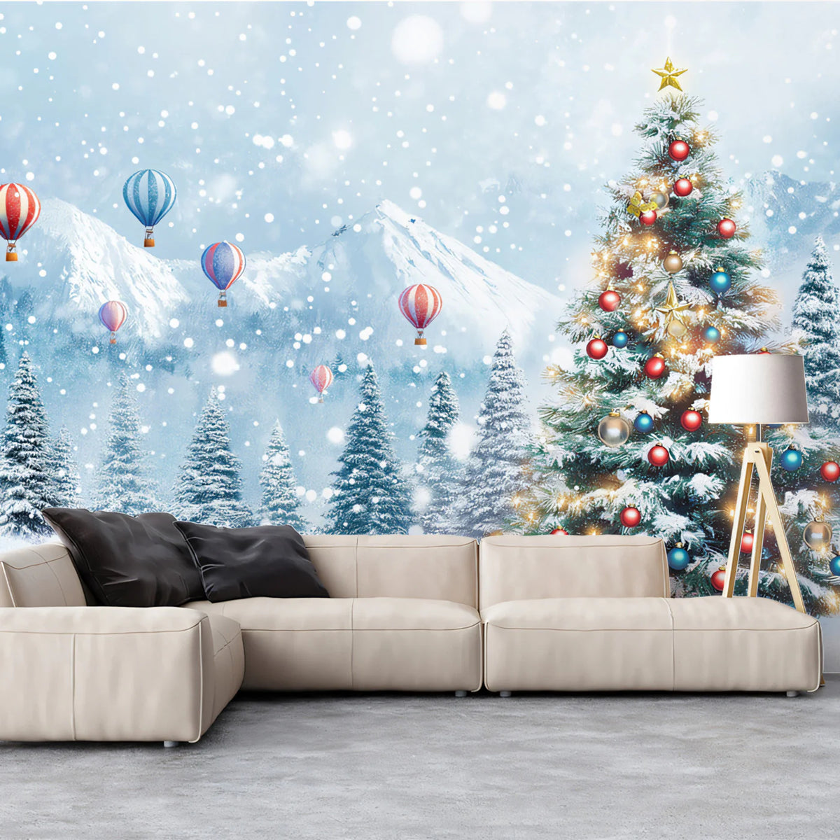 Snowy Alpine Christmas Tree Mural Wallpaper with Hot Air Balloons Mural Wallpaper - pure wallpaper artwork