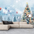Snowy Alpine Christmas Tree Mural Wallpaper with Hot Air Balloons Mural Wallpaper - pure wallpaper artwork