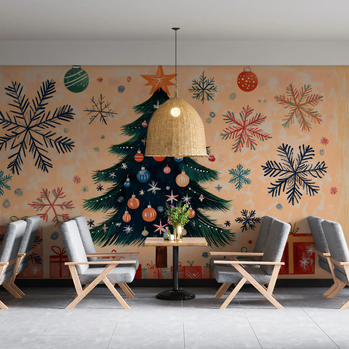 Christmas Tree Holiday Mural Wallpaper in Soft Peach and Teal Mural Wallpaper - pure wallpaper artwork