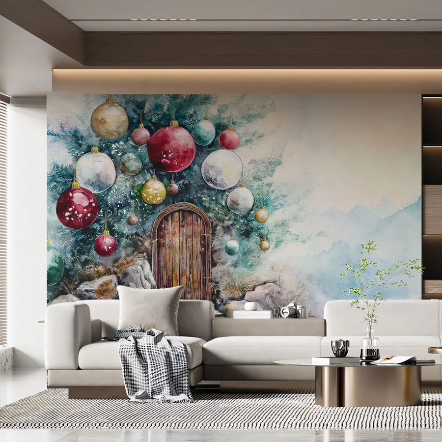 Mountain Christmas Tree Dwelling Mural Wallpaper — Whimsical Decor Mural Wallpaper