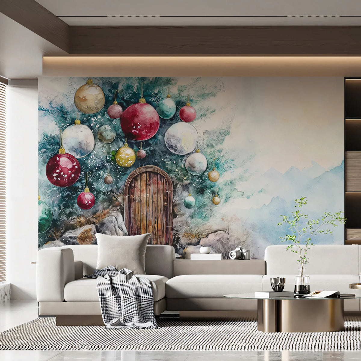 Mountain Christmas Tree Dwelling Mural Wallpaper — Whimsical Decor Mural Wallpaper - pure wallpaper artwork