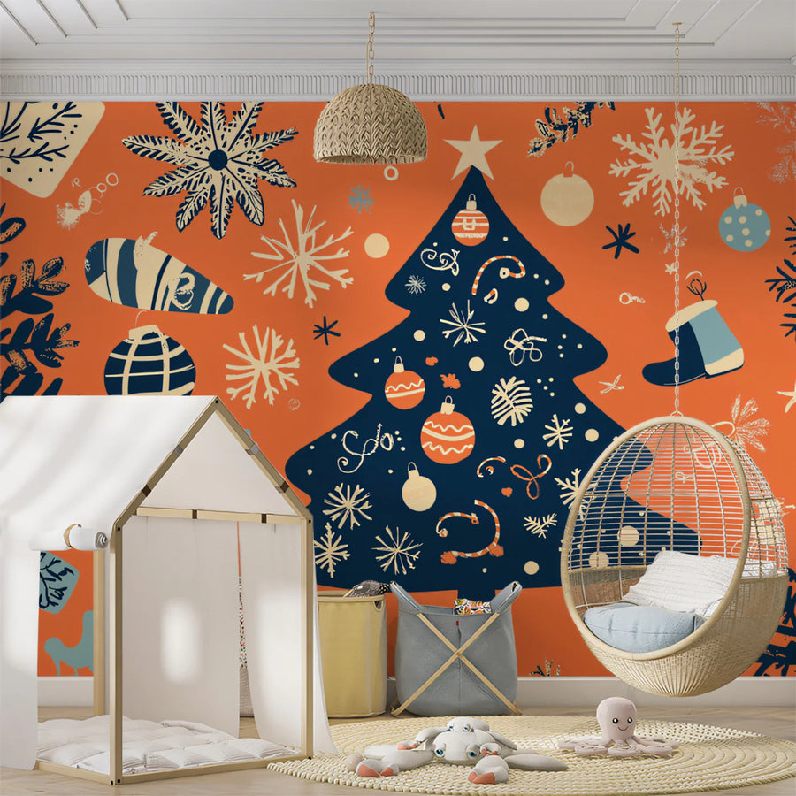 Folk Art Holiday Medley Mural Wallpaper — Playful Festive Decor Mural Wallpaper
