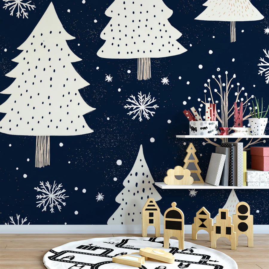 Nordic Winter Forest Mural Wallpaper — Hand-Drawn Navy and White Mural Wallpaper