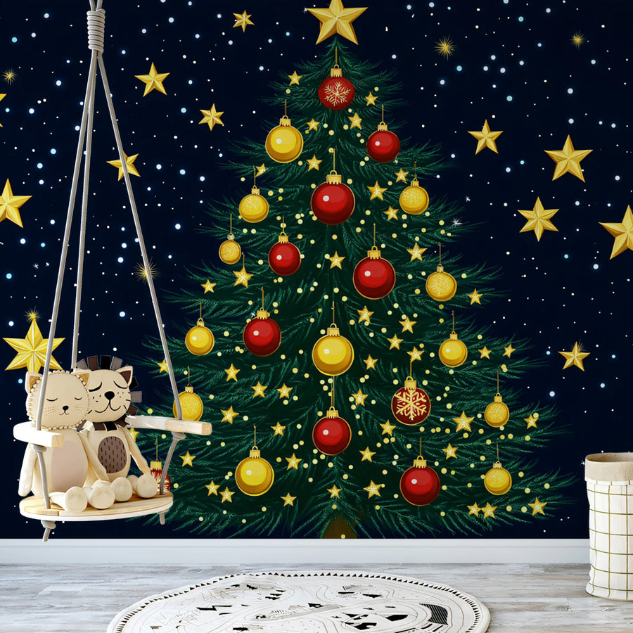 Starry Holiday Pine Mural Wallpaper — Festive Night Illustration Mural Wallpaper