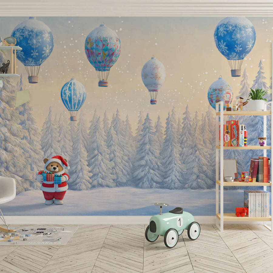 Winter Festival Teddy Bear Mural Wallpaper — Whimsical Holiday Scene Mural Wallpaper