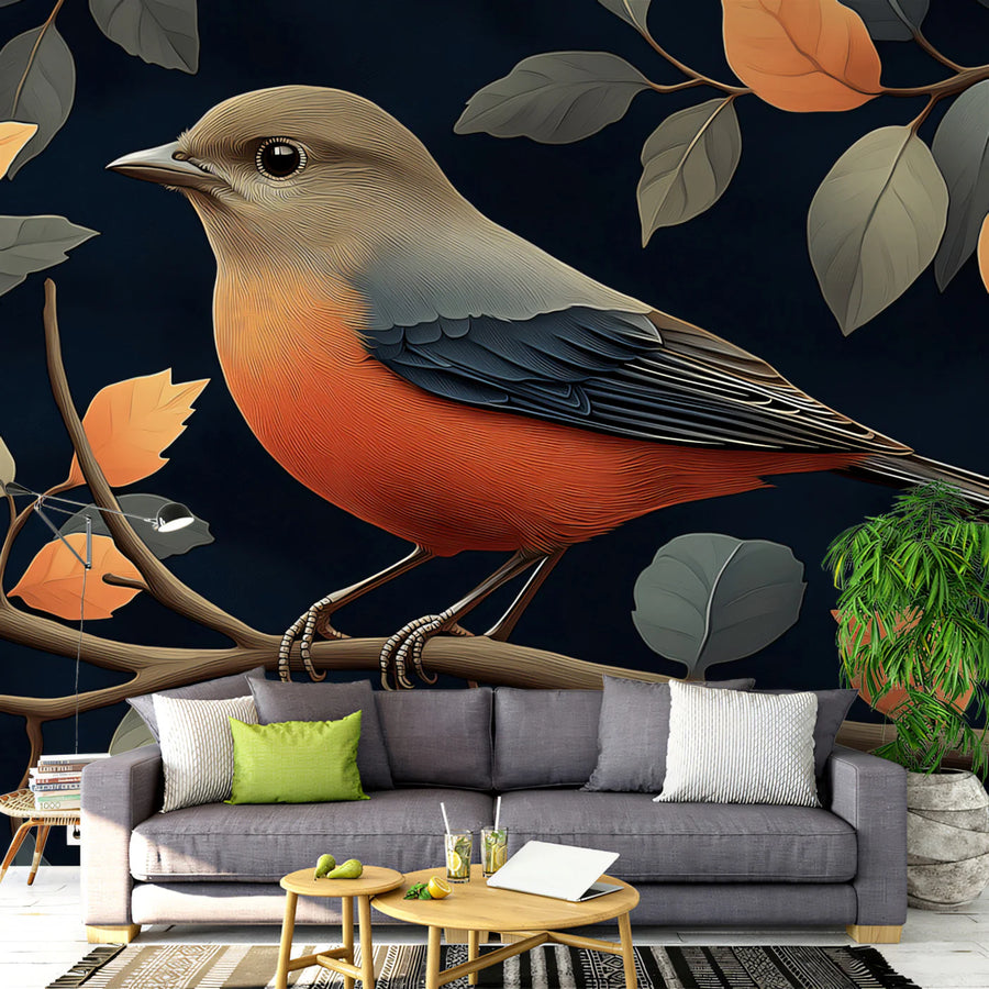 Autumn Finch Mural Wallpaper — Moody Navy and Terracotta Mural Wallpaper