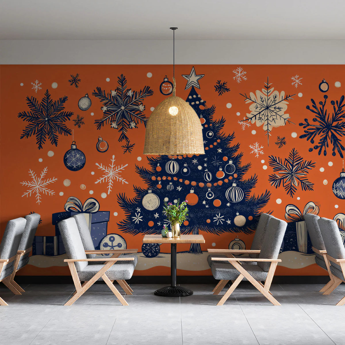 Linocut Christmas Tree Mural Wallpaper — Navy and Vibrant Orange Mural Wallpaper - pure wallpaper artwork